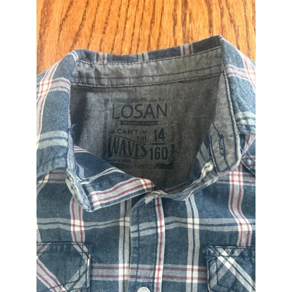 LOSAN Boys Plaid Button Up Shirt Size 14 160 Short Sleeve Blue Check Casual Top